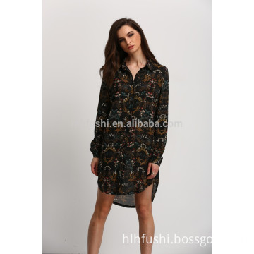 clothing factories in china fall vintage print button down long shirt dresses women